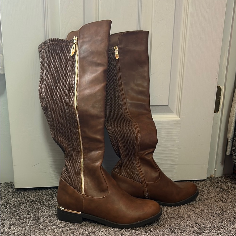 TOP Moda Brown and Gold Over the Knee Boots